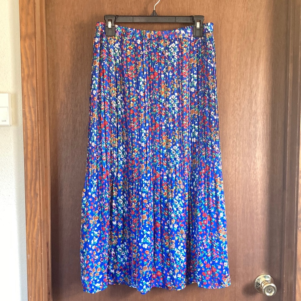 Blue Floral Midi Skirt with Micro Pleats